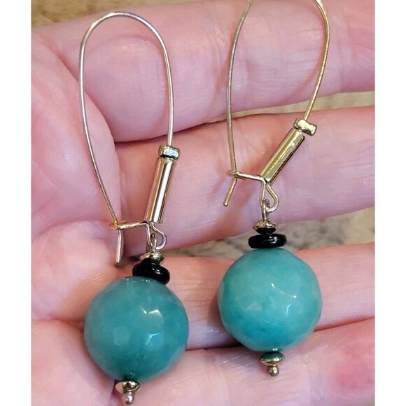 Green Faceted Stone Amazonite Large Bead Dangle Drop Earrings Long Wire Hooks - Picture 7 of 7